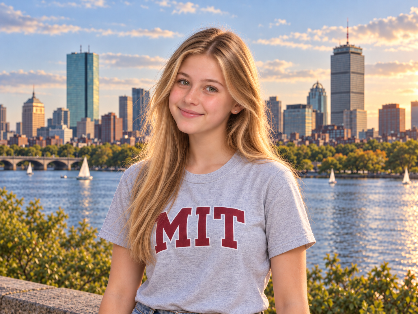 A blonde high-school student wearing an MIT T-shirt with the Boston skyline and Charles River behind her